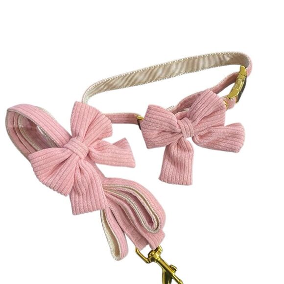 Dog collar and leash NEW pink bow corduroy fake gold hardware - Picture 1 of 3